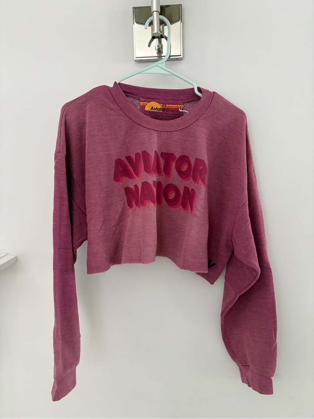 Aviator Nation Cropped Crewneck Sweatshirt in Berry Pink